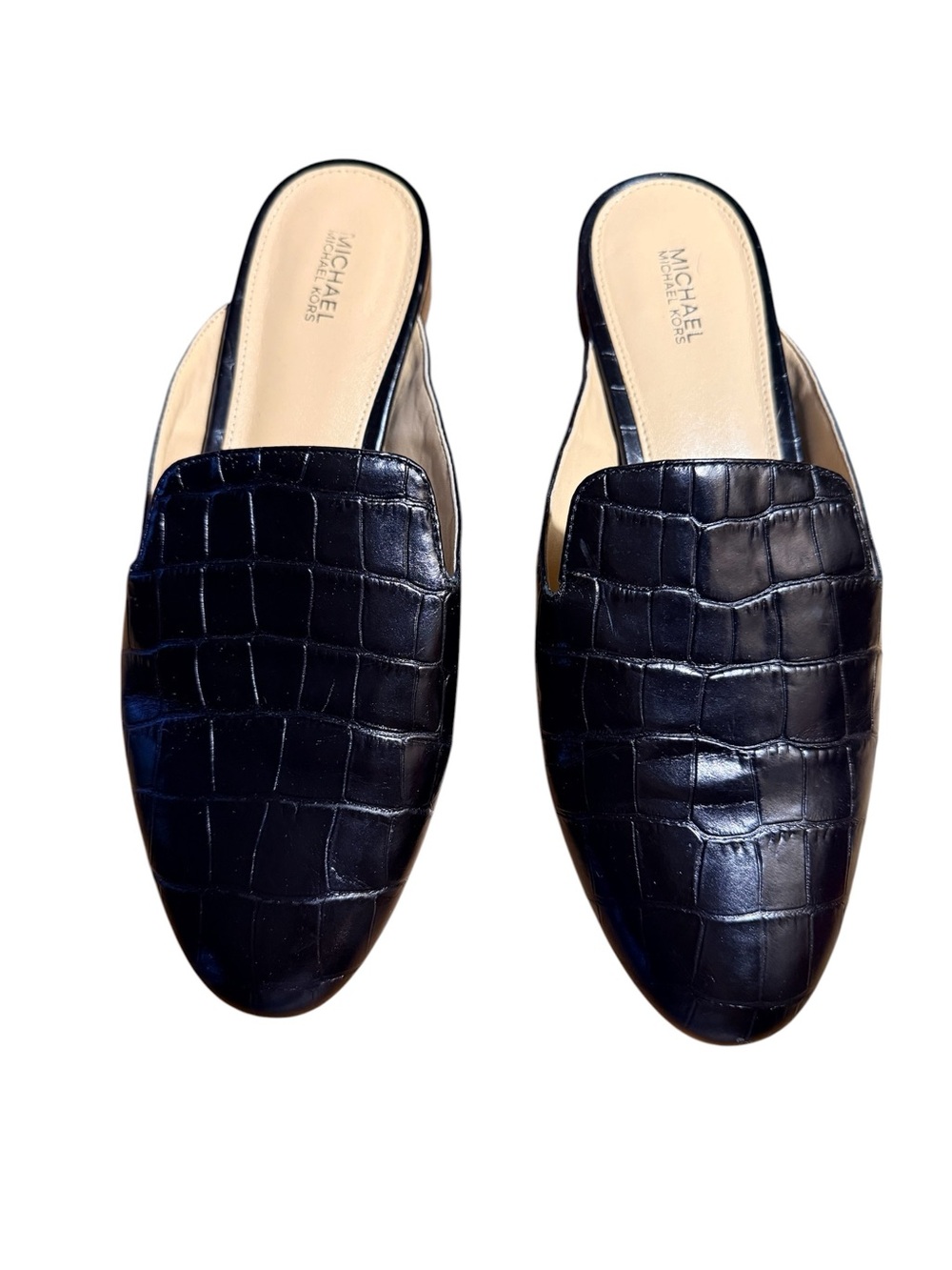 MICHAEL Michael Kors Natasha Black Croc-Embossed Leather Mules.